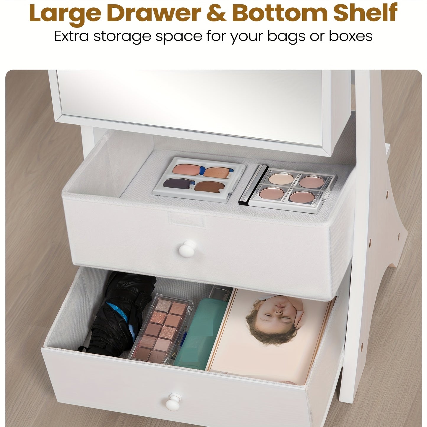 Sieradekastje – Sieradenkast – Jewelry Organizer – Sieradenopberger – Sieradenrek – Vrijstaand – Wit met Zwarte Velvet Voering – Grote Frameloze Spiegel – 90 Vakjes en Slot
