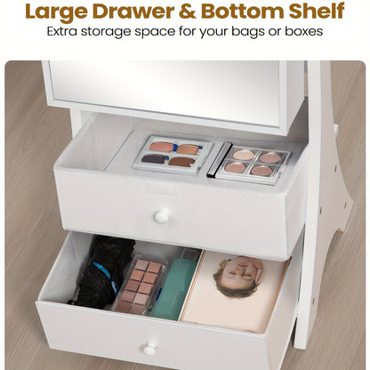Sieradekastje – Sieradenkast – Jewelry Organizer – Sieradenopberger – Sieradenrek – Vrijstaand – Wit met Zwarte Velvet Voering – Grote Frameloze Spiegel – 90 Vakjes en Slot