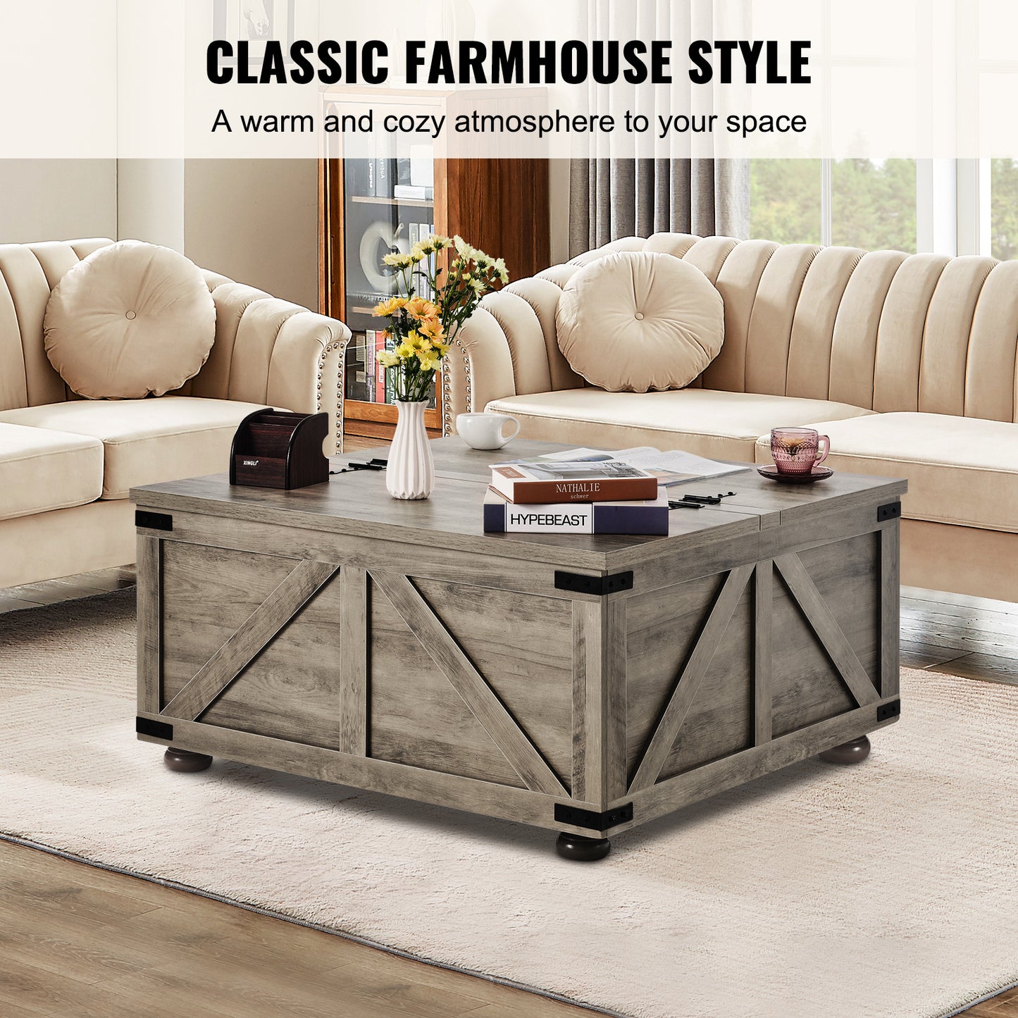 Salontafel – Koffietafel – Woonkamertafel – Bijzettafel – Landelijke Tafel – Flip-Top Design – Grote Verborgen Opbergruimte – Massief Hout – Beige