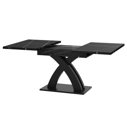 Uitklaptafel – Klaptafel – Vouwtafel – Eettafel – Campingtafel – Verlengbaar 120-160 cm – Marmerlook MDF Tafelblad – Stabiel Zwart X-Frame