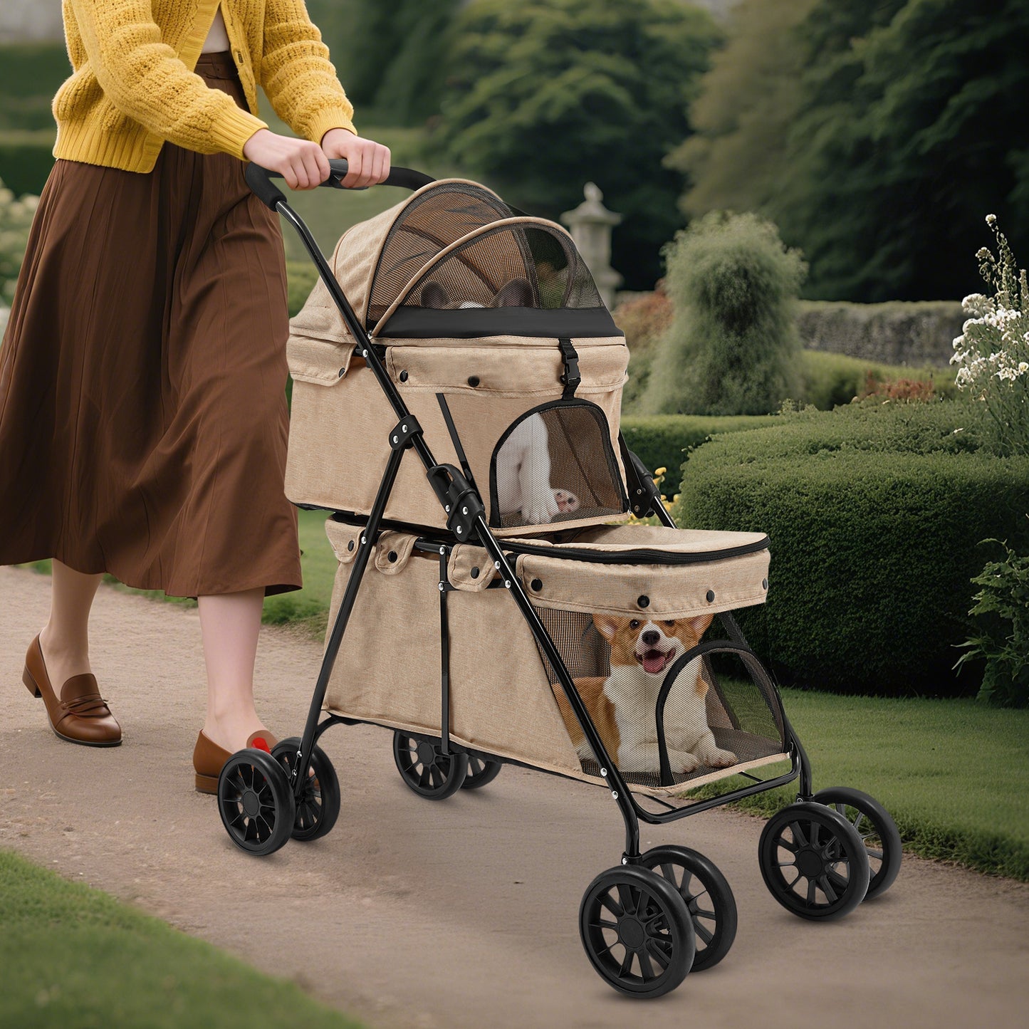 2-Tier Heavy-Duty All-Terrain Pet Cart with 4-Wheel Mobility & Handle - Chew-Resistant Oxford/PVC Mesh Design, Carbon Frame & Wheels - Multi- & Storage Cart for Dogs/Cats - /Outdoor Use Suitable for Dogs and Cats