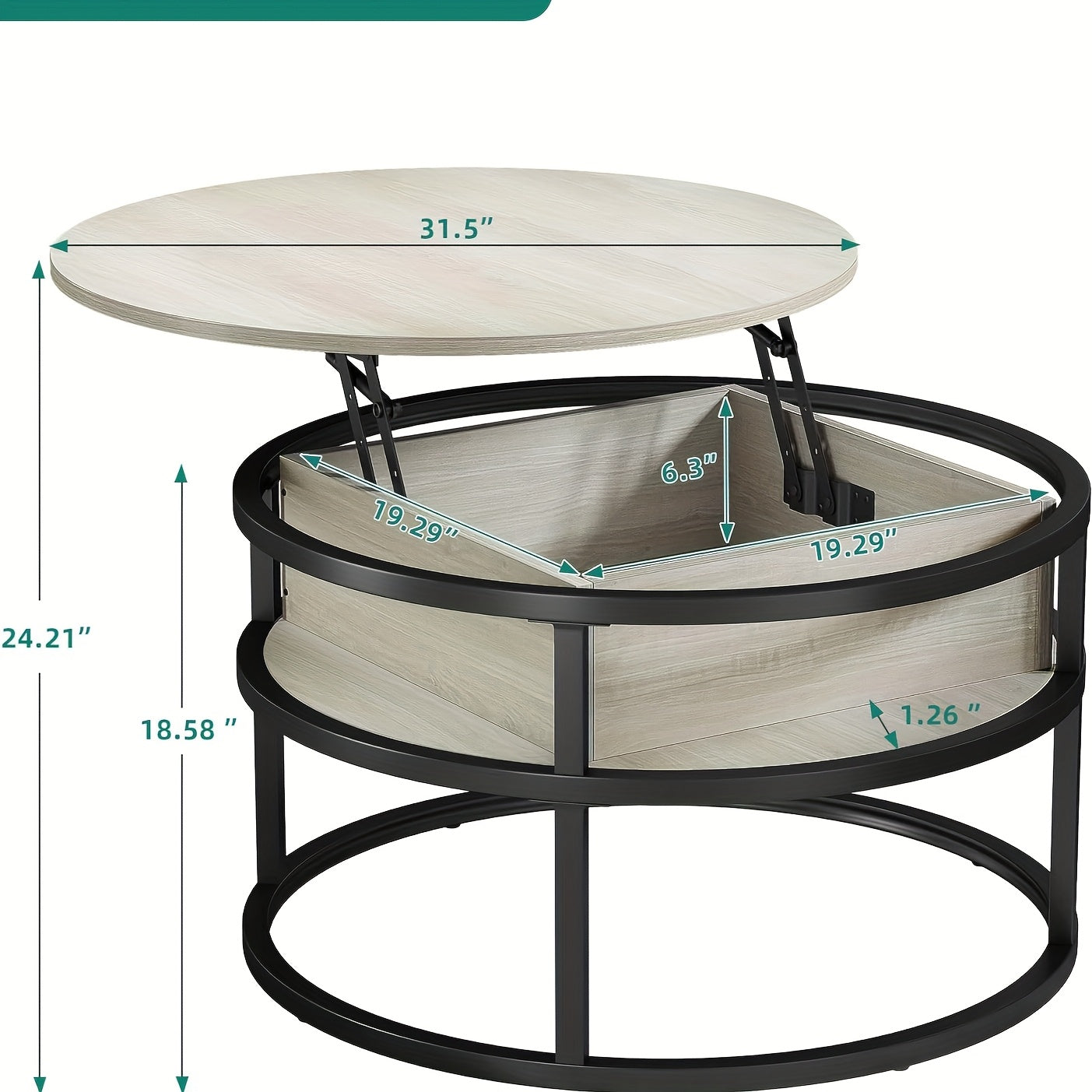 Salontafel Rond – Koffietafel – Bijzettafel – Woonkamertafel – Salon Tafel – Lift-Top Met Verborgen Opbergruimte – Licht Esdoorn Hout Met Metaal