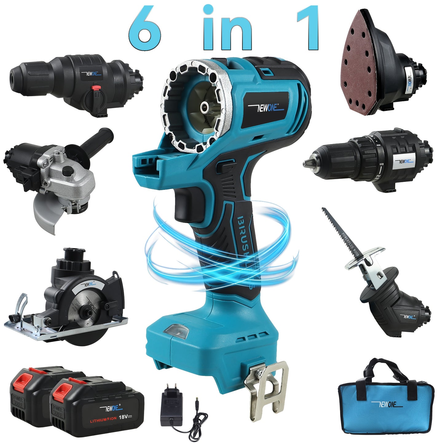 Accu Combiset 6-in-1 – Elektrische Boormachine – Slagschroevendraaier – Cirkelzaag – Haakse Slijper – Accu Decoupeerzaag – 2 Batterijen 4A – 18V Kracht – Brushless Motor