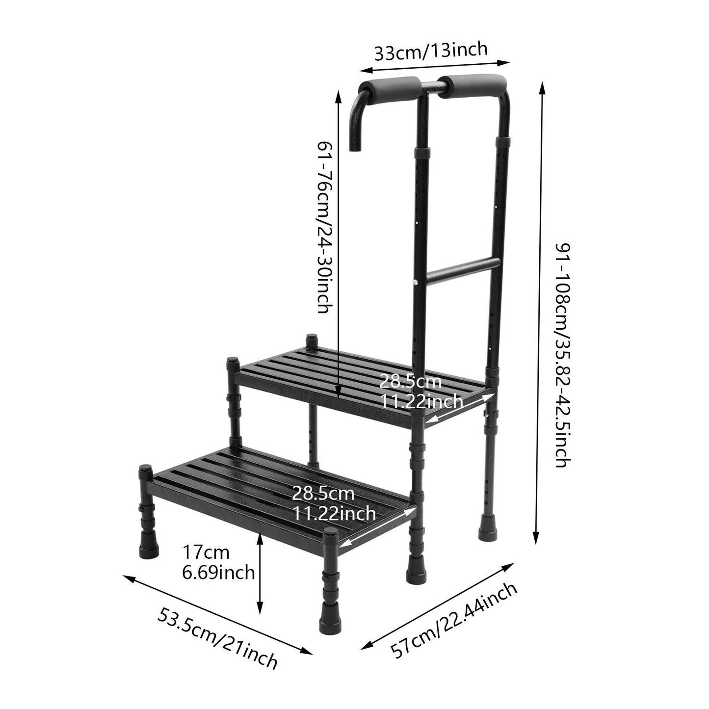 Heavy-Duty Step Stool with Handle & Adjustable Handrail - 2-Step Stairs Suitable for, Seniors,, - Sturdy Metal Stepping Stool with Wide Steps & Rubber Feet for Bed, Car, /Outdoor Use - Portable Ramp Stool