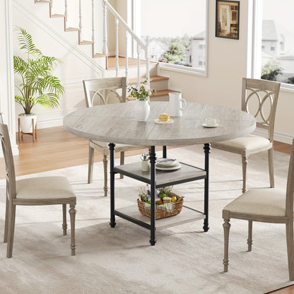 47-Inch Round Dining Table for 4 or 6 - Rustic Grey Wooden Kitchen Table with Storage Shelves & Roman Metal Legs, Contemporary Pedestal Design, No Assembly Required, Dining Room, Kitchen, Living Room Furniture, Dining Table, Kitchen Table
