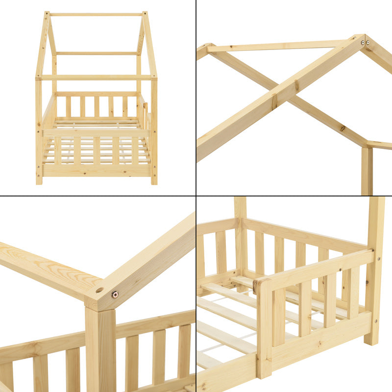 Kinderbed – Kinderbedden – Bed – Eenpersoonsbed – Meisjesbed – Huisjesdesign – Valbeveiliging – 120x200 cm Grenenhout