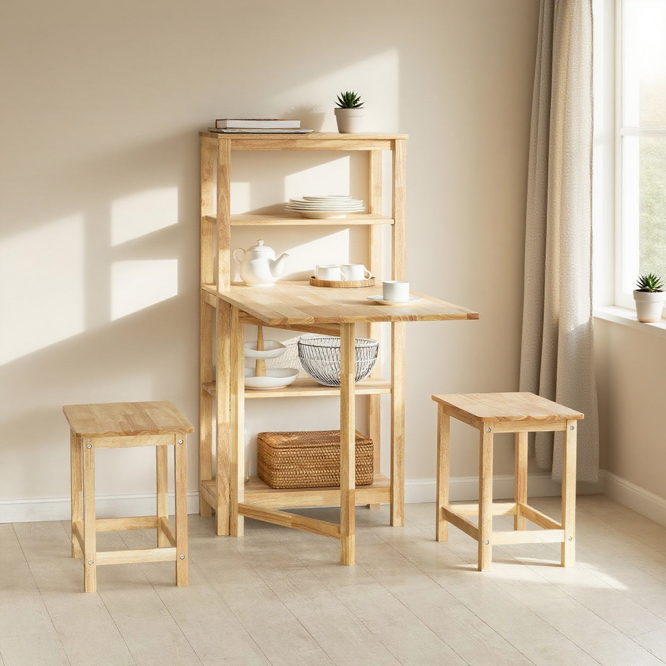 Eettafel – Klaptafel – Keukentafel – Werktafel – Bar tafel – Massief Hevea Hout – Inklapbaar met Opbergruimte