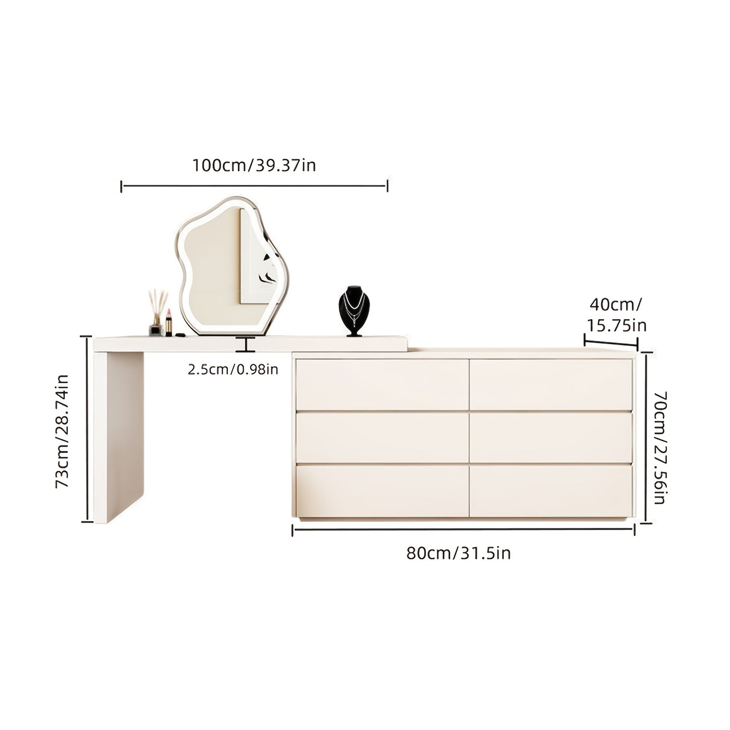 Kaptafel – Make-up Tafel – Dressoir – Opmaaktafel – Houten Kaptafel – Uitbreidbaar & Draaibaar Tafelblad – 6 Geluidsarme Lades – Wit