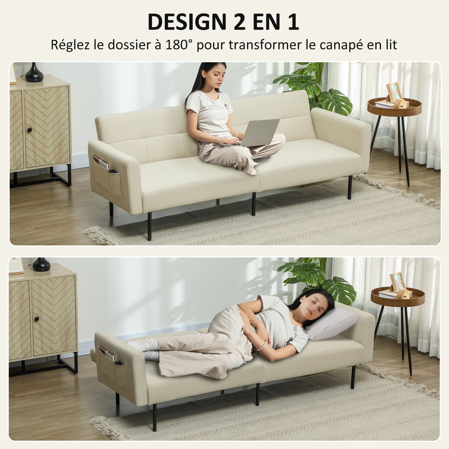 Bankbed – Slaapbank – Bedbank – Zetelbed – Logeerbed – 3-Zits – Verstelbare Rugleuning – Beige Linnenstof – Click-Clack Mechanisme – Zijvakjes