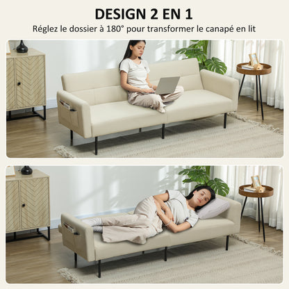 Bankbed – Slaapbank – Bedbank – Zetelbed – Logeerbed – 3-Zits – Verstelbare Rugleuning – Beige Linnenstof – Click-Clack Mechanisme – Zijvakjes