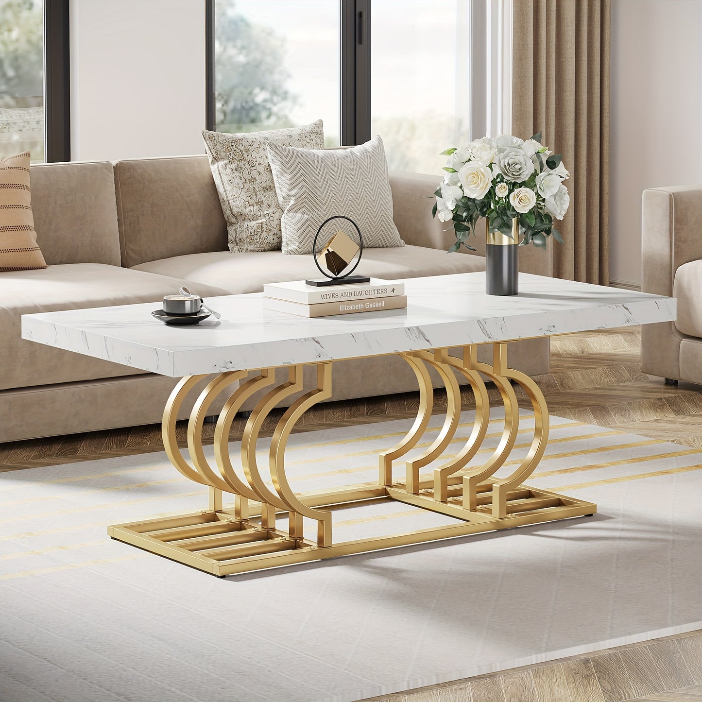 Salontafel – Koffietafel – Tafel – Woonkamertafel – Bijzettafel – Rechthoekig – Kunststof Marmerlook Blad – Goudkleurig Metalen Frame – 120x60 cm – Eenvoudig te Monteren
