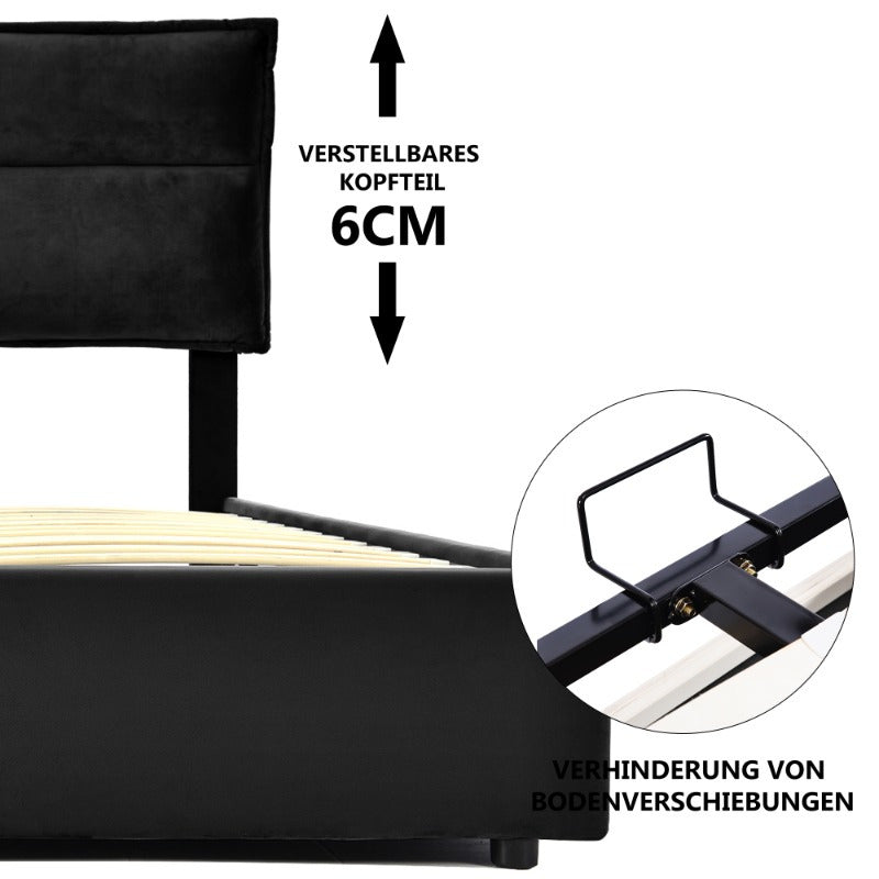 Boxspringbed – Tweepersoonsbed – Opbergbox – Hydraulisch Bed – Stalen Bodem – 140x200 cm – Verstelbaar Hoofdeinde – Inclusief Matras – Zwart Modern Design