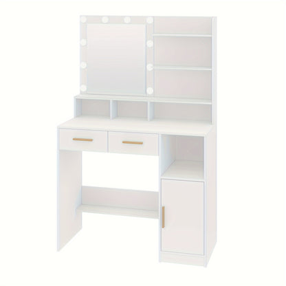 Make-up Tafel – Dressing Table – Kaptafel – Schminktisch – Vanity Table – Witte Make-up Tafel – 10 LED Lampjes Met Verstelbare Helderheid – 2 Lades, Kastje En Opbergruimte
