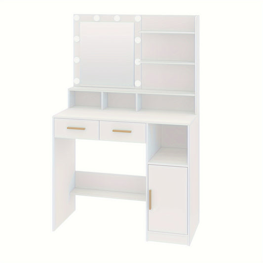 Make-up Tafel – Dressing Table – Kaptafel – Schminktisch – Vanity Table – Witte Make-up Tafel – 10 LED Lampjes Met Verstelbare Helderheid – 2 Lades, Kastje En Opbergruimte