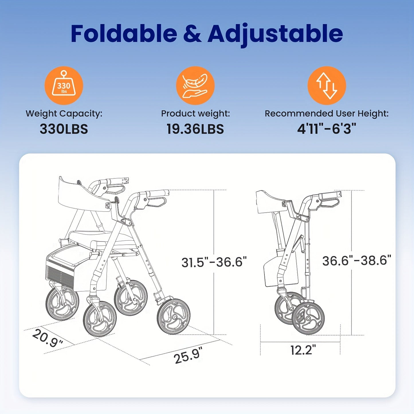 Rollator – Loopwagen – Wandelwagen – Mobiliteitshulpmiddel – Opvouwbare Walker – Duurzaam Aluminium – Grote 20,32 cm Wielen – Ergonomisch Zitje & Rugleuning – Verstelbare Hoogte – Draagvermogen 136 kg