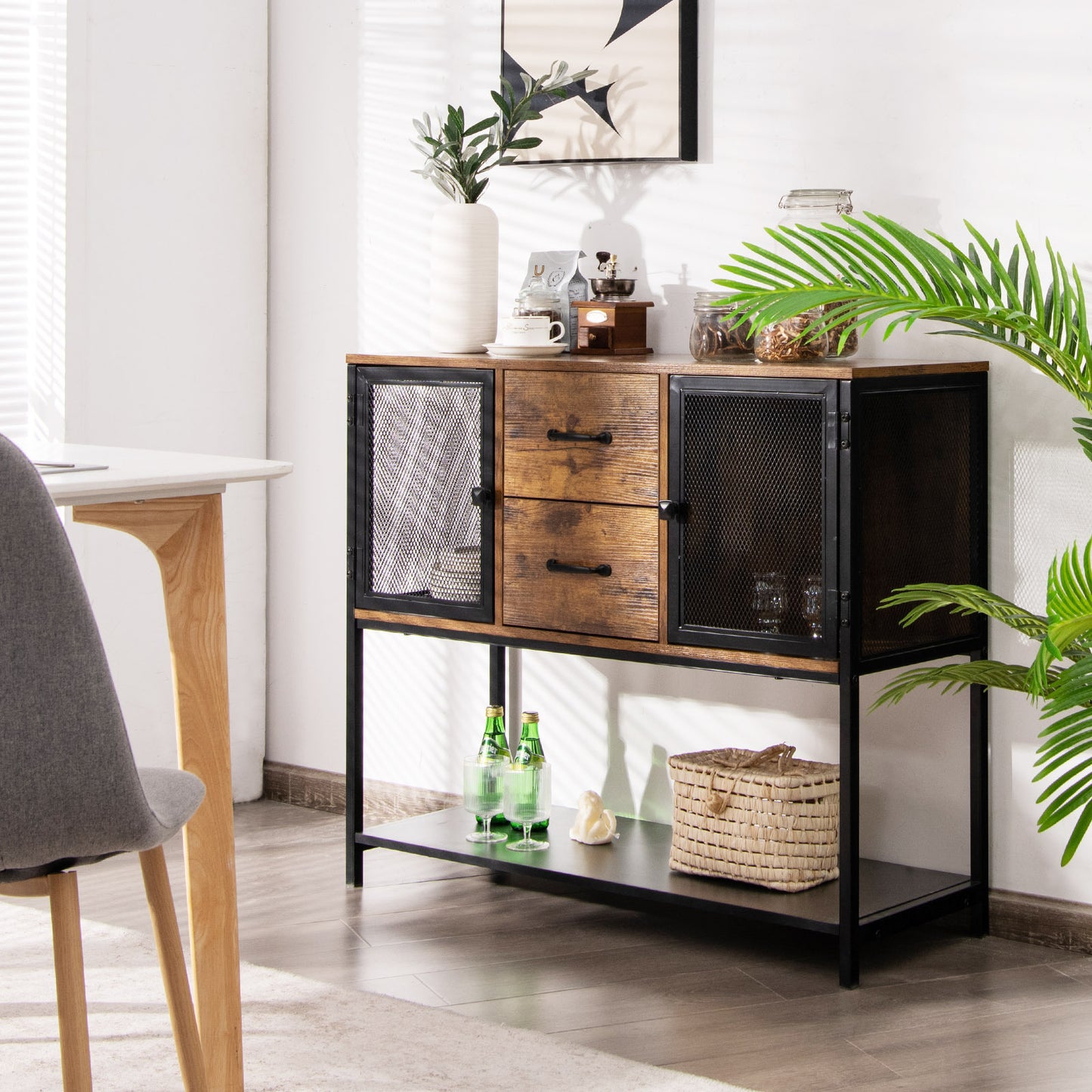 Dressoir – Ladekast – Opbergkast – TV-Meubel – Woonkamerkast – Industrieel Design – Hout En Zwart Staal – 100x35x85 cm