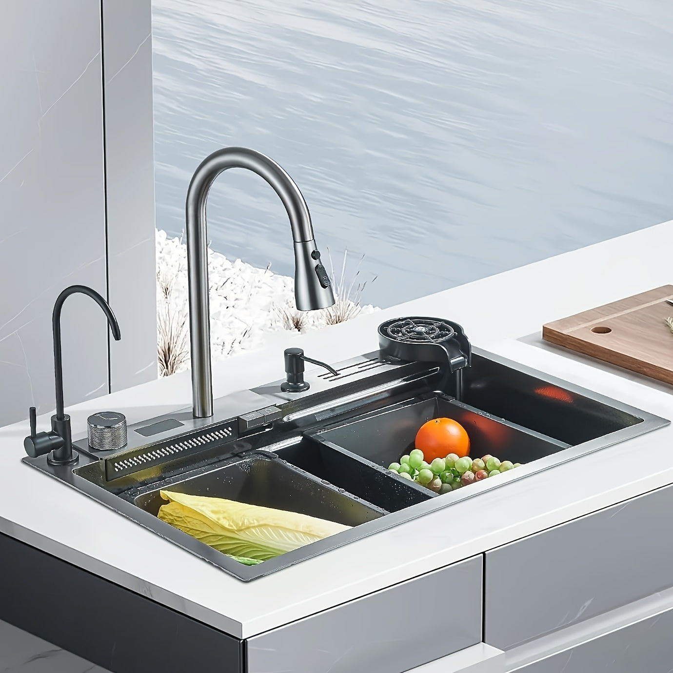 RVS Keukenspoelbak – Inbouwspoelbak – Spoelbak RVS – Enkele Bak – Keukenspoelbak Met Kraan – Gun Grey – Watervalkraan Met Uittrekbare Sproeikop – Duurzaam Roestvrij Staal