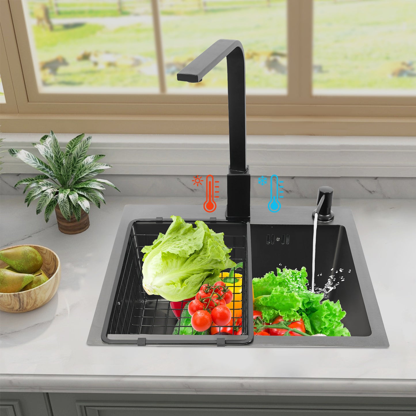 Keukenspoelbak – Spoelbak – Wasbak – Gootsteen – Afwasbak – 201 RVS – Mat Zwart – 45x40 cm – Inclusief Kraan & Zeepdispenser