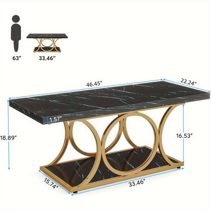Salontafel – Koffietafel – Woonkamertafel – Bijzettafel – Tafel – Rechthoekig 120 cm – Zwart Faux Marmer Blad – Gouden Metalen Poten – 2 Niveaus Opbergruimte