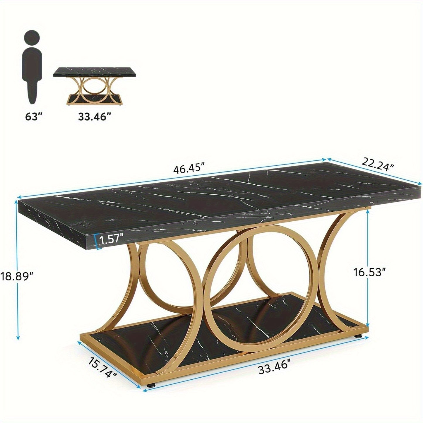 Salontafel – Koffietafel – Woonkamertafel – Bijzettafel – Theetafel – Modern Rechthoekig – 2-laags Opbergruimte – Zwart Marmerlook Tafelblad met Gouden Metalen Poten