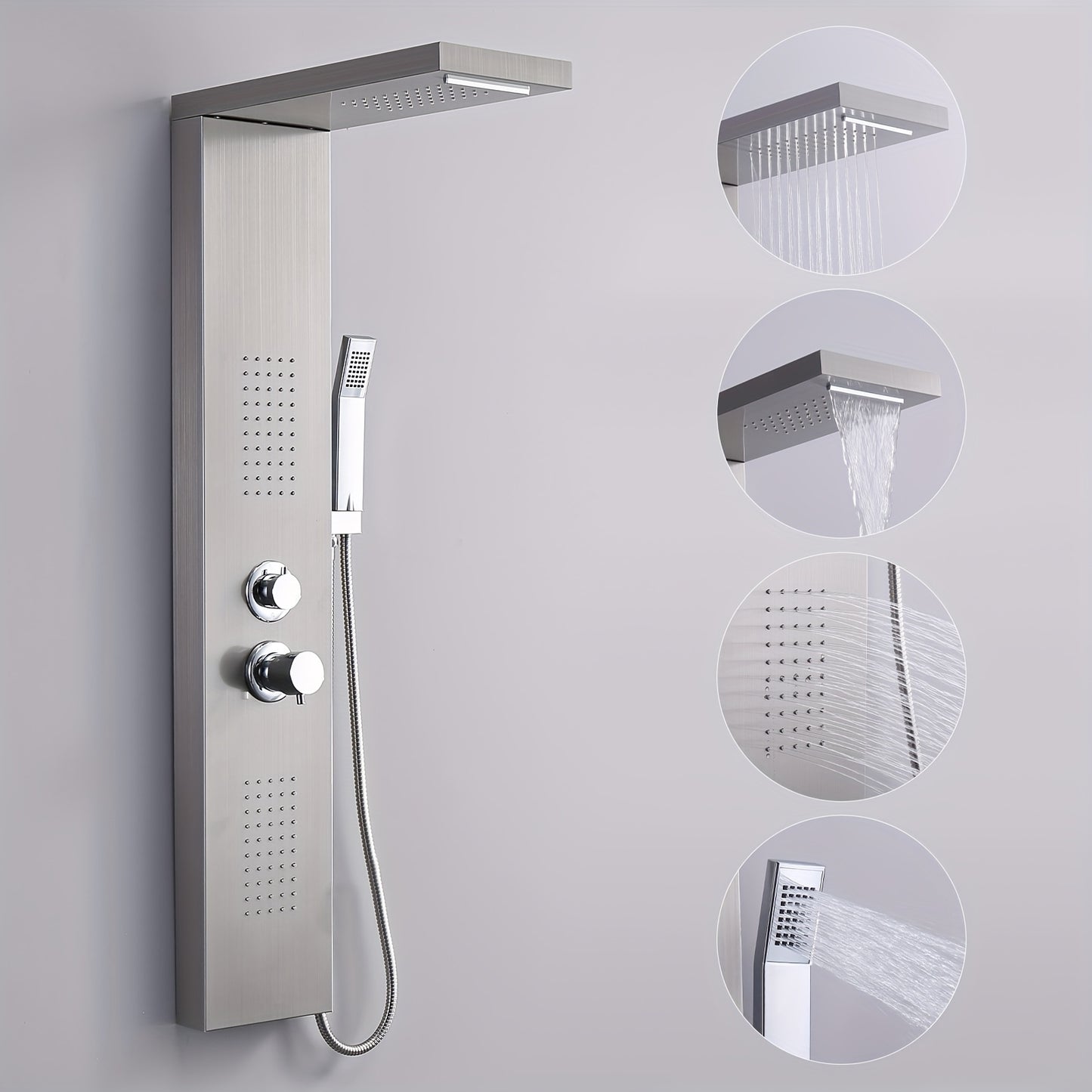 Douchepaneel – Douchekolom – Regendouche – Massage Douche – Handdouche – RVS Geborsteld Staal – 4 Waterfuncties – Thermostaatkraan