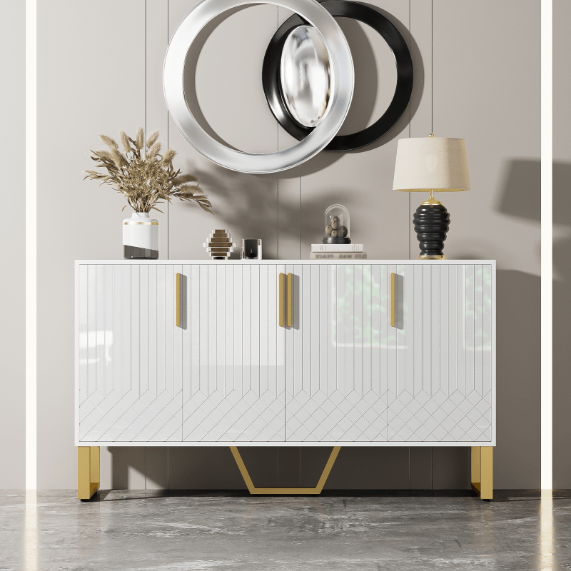 Dressoir – Ladekast – Opbergkast – Buffetkast – Kast – Hoogglans Wit – 4 Deuren – Metaal Handvatten & Poten – Geometrisch Design – 140x40x80 cm