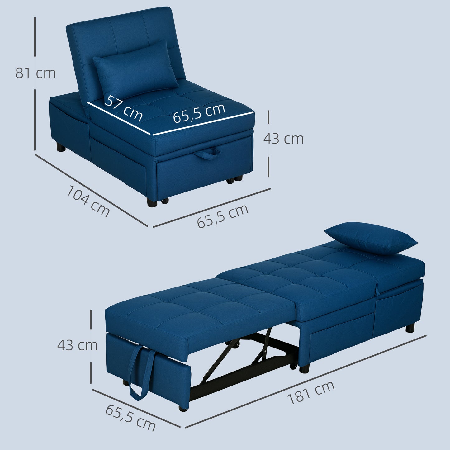 Fauteuil Bedbank – 1-Zitsbank – Slaapfauteuil – Loungezetel – Slaapstoel – Verstelbare Rugleuning – Geïntegreerd Kussen – Blauw