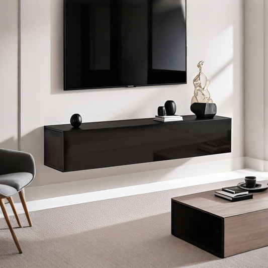 Tv Kast – Hangende Tv Kast – Lowboard – Mediameubel – TV Meubel – Mat Zwart Design – Metalen Frame & Spaanplaat – 160x30x34 cm – Muurbevestiging Inclusief