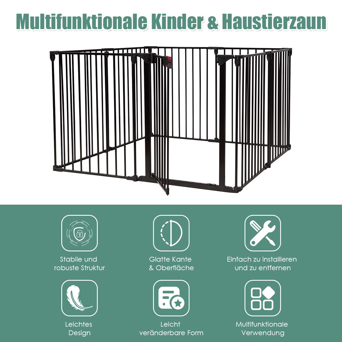 Baby Beschermomheining – Speelhekje – Veiligheidspoort – Hek Voor Baby’s – Gevaarzone Afzetting – Flexibel Instelbaar – Stevig Metaal Met Dubbelvergrendeling – 480 x 74 cm Zwart