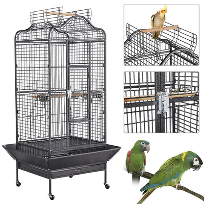 Vogelkooi – Papegaaienkooi – Parkietenkooi – Grasparkietenkooi – Volière – Met Wieltjes – Zwart Gepoedercoat Metaal – Ruim Leefgebied 60,5x56x113 cm