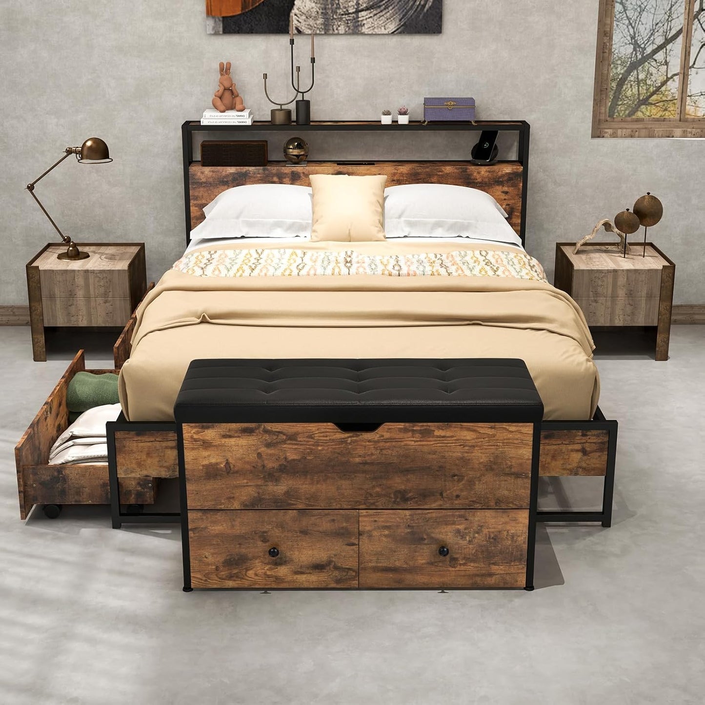 Schoenbank – Opbergbank – Zitbank – Schoenrek – Schoenkast – Vintage Bruin – 2 Lades & Opbergruimte – 150 Kg Draagvermogen