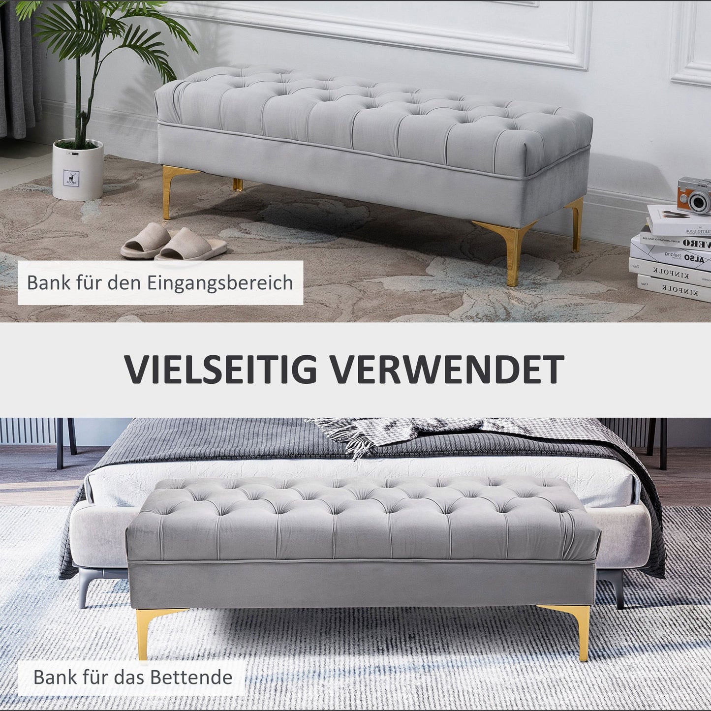 Poef – Opbergpoef – Zitzak – Voetenbankje – Kruk – Fluwelen Bekleding – Lichtgrijs – Met Opbergruimte – Verhoogde Metalen Poten – 118x45x42 cm