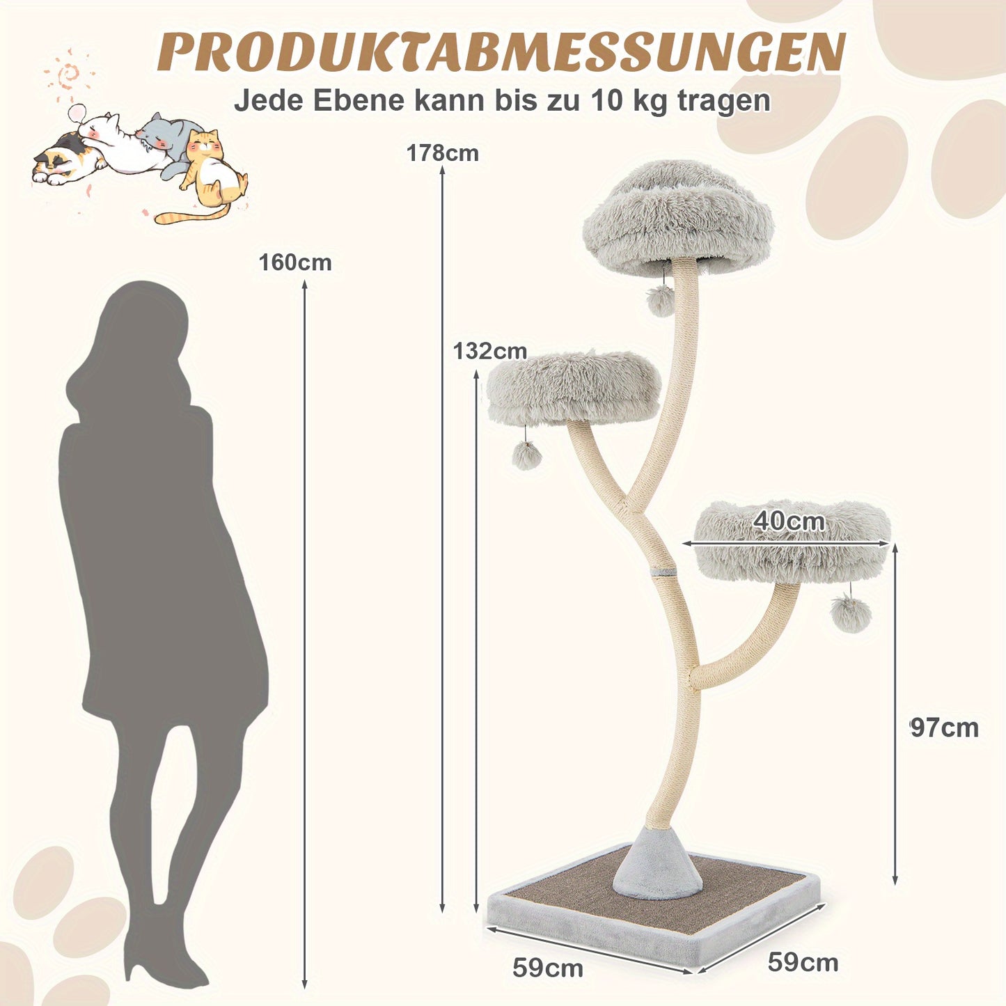Kattenboom – Kattenmeubel – Kattenkrabpaal – Kattenhuis – Krabmeubel – Hoogwaardige Metalen Constructie – Wasbare Pluche Kussens – Extra Hoog Design – Speel- en Klimparadijs Voor Kittens en Volwassen Katten
