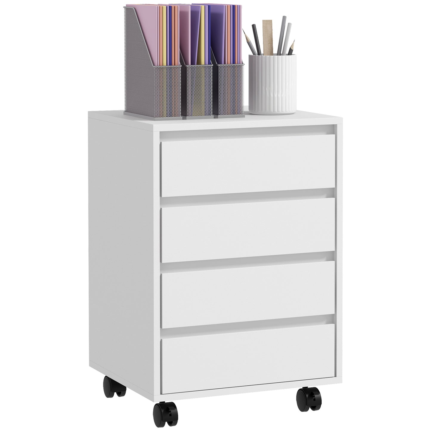 Mobiele Ladekast – Opberglade Kast – Bureaukast – Rollende Ladekast – Kantoorkast – 4 Lades – E1 MDF Hout – Wieltjes Met Rem