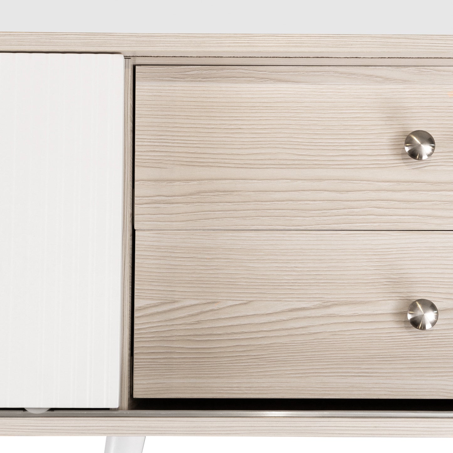 Tv-meubel – Tv-kast – Lowboard – Mediameubel – Tv-dressoir – Wit en Houtlook – 160 cm Breedte – Gestreepte Schuifdeuren met Lades