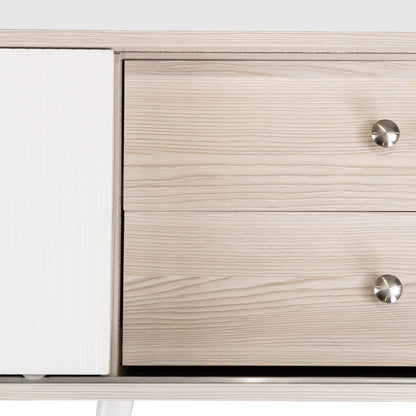Tv-meubel – Tv-kast – Lowboard – Mediameubel – Tv-dressoir – Wit en Houtlook – 160 cm Breedte – Gestreepte Schuifdeuren met Lades