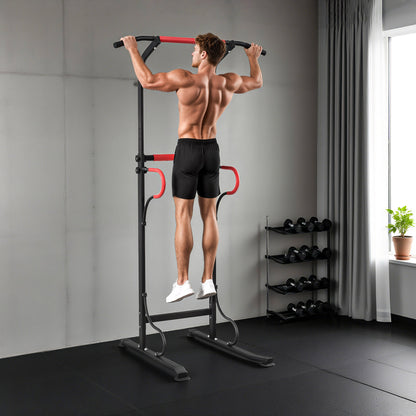 Verstelbare Power Tower – Dipstation – Pull-Up Bar – Fitnessrek – Krachtstation – Zwart Rood – Stevig Stalen Frame – Antislip Zuignappen