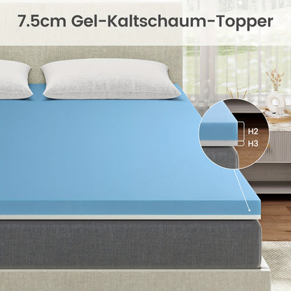 BedStory Gel Cold Foam Mattress Topper with Dual Firmness (H3&H2) - 7.5cm Cooling Gel & Supportive Layer, Breathable Washable Cover & 4 Elastic Straps, 6-8cm Height, Multiple Sizes (90x200cm to 180x200cm), Comfortable Sleep,