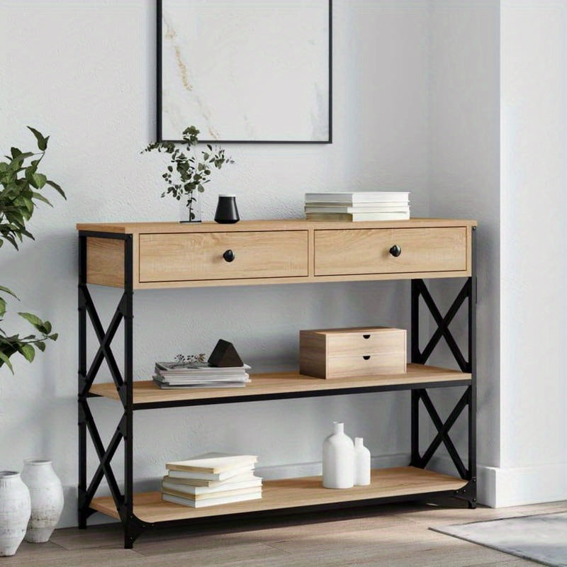 Sidetable – Wandtafel – Opbergmeubel – Halmeubel – Wandtafel Sonoma Eiken Bruin – 3 Lagen – Stijlvolle Zwarte Metaal Frame