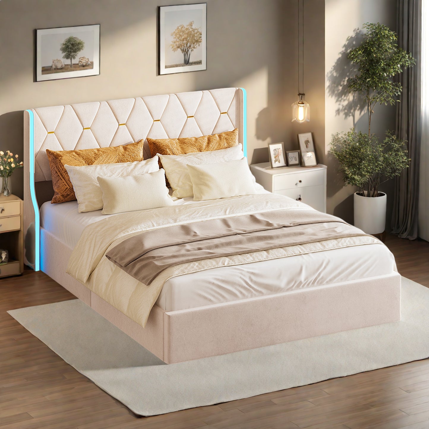 Gestoffeerd Bed – Tweepersoonsbed – Led Bed – Opbergbed – Velvet Bed – 160x200 cm – Inclusief Opbergruimte en Led Verlichting