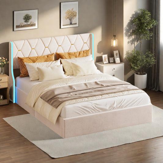 Gestoffeerd Bed – Tweepersoonsbed – Led Bed – Opbergbed – Velvet Bed – 160x200 cm – Inclusief Opbergruimte en Led Verlichting