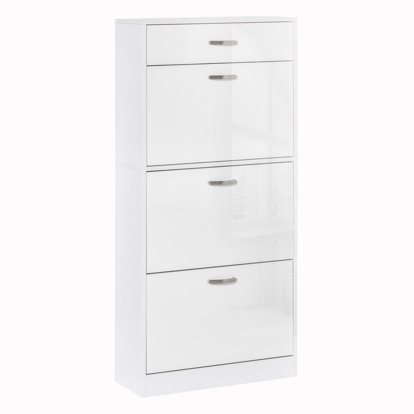 Schoenenkast – Schoenenrek – Schoenopberger – Schoenmeubel – Opbergkast – 3 Klepdeuren en Lade – Wit Spaanplaat met Aluminium Handgrepen – Verstelbare Legplanken – 62x24x135 cm