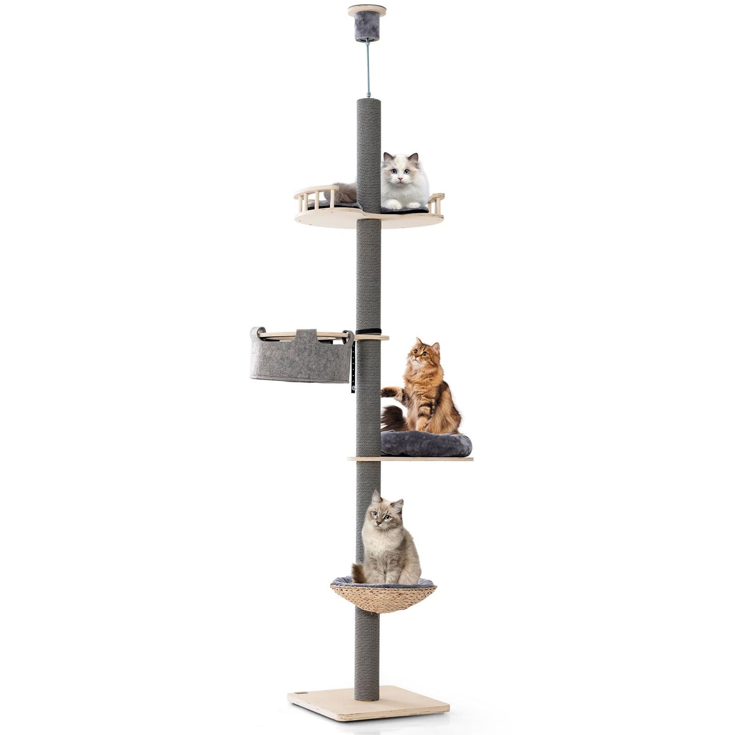 Krabpaal – Krabmeubel – Kattenpaal – Krabton – Klimpaal – Verstelbaar 236-271 cm – Vloer tot Plafond Design – 5 Niveaus Met Hangmat & Mandje – Natuurlijk Multiplex – Ruimtebesparend Grijs Natura