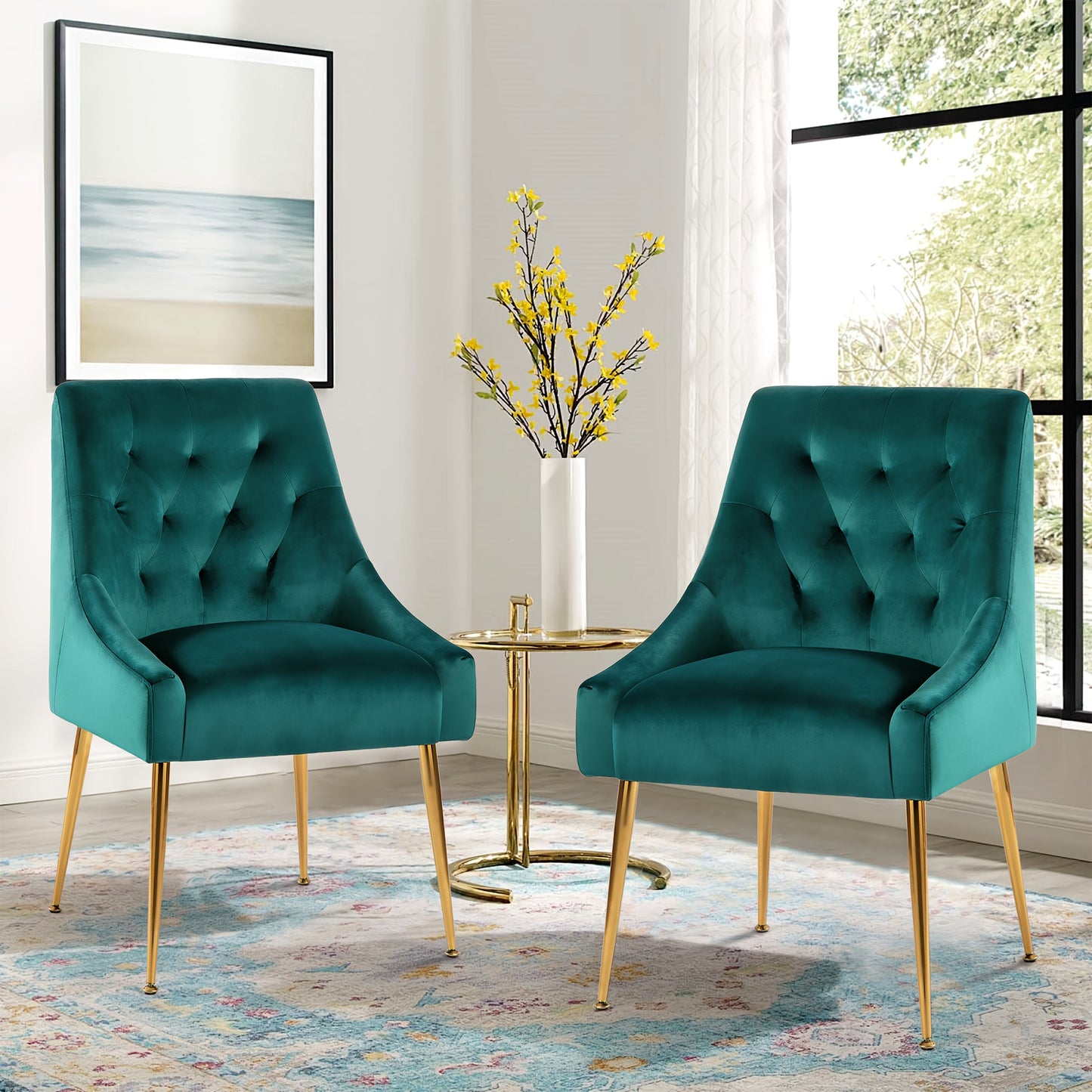 Velvet Stoelen – Eetkamerstoelen – Bureaustoelen – Dining Chairs – Zitstoelen – Set Van 2 – Metalen Poten – Zachte Gewatteerde Zit – Geschikt Voor Harde Vloeren – Cyan