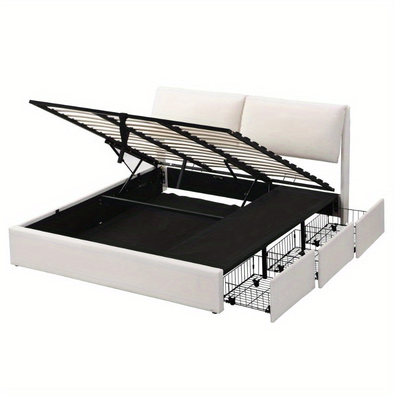 Opbergbed – Opbergbedframe – Hydraulisch Bed – Gestoffeerd Bed – Tweepersoonsbed – 180x200 cm – Beige Fluweel – Met Hoofdeinde & 3 Metalen Lades – Lattenbodem Zonder Matras