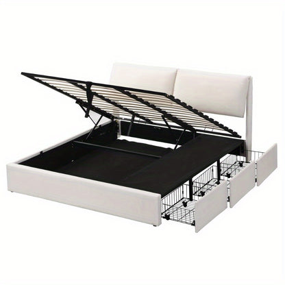 Opbergbed – Opbergbedframe – Hydraulisch Bed – Gestoffeerd Bed – Tweepersoonsbed – 180x200 cm – Beige Fluweel – Met Hoofdeinde & 3 Metalen Lades – Lattenbodem Zonder Matras