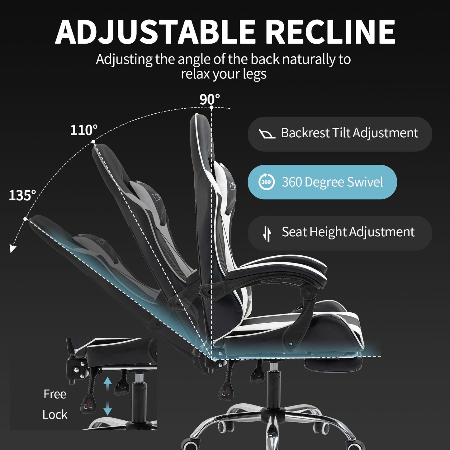 Gamestoel – Gaming Stoel – Game Stoel – Gaming Chair – Bureaustoel – Ergonomisch Met Verstelbare Rugleuning – Inklapbare Voetensteun – Kunstleder – 360° Draaibaar - Zwart-Wit