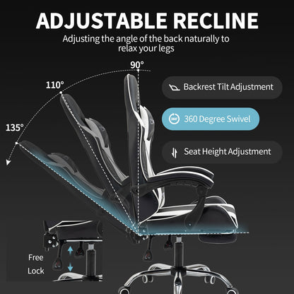 Gamestoel – Gaming Stoel – Game Stoel – Gaming Chair – Bureaustoel – Ergonomisch Met Verstelbare Rugleuning – Inklapbare Voetensteun – Kunstleder – 360° Draaibaar - Zwart-Wit