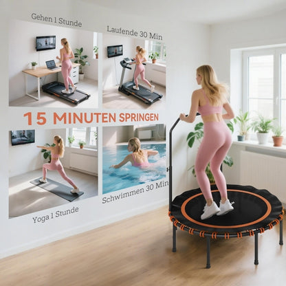 Fitness Trampoline – Springmat – Rebounder – Mini Trampoline – Trainingsapparaat – Instelbare 5-standen Handrail – 32 Bungee Koorden & Stevig Stalen Frame – Compact Opvouwbaar – Zwart