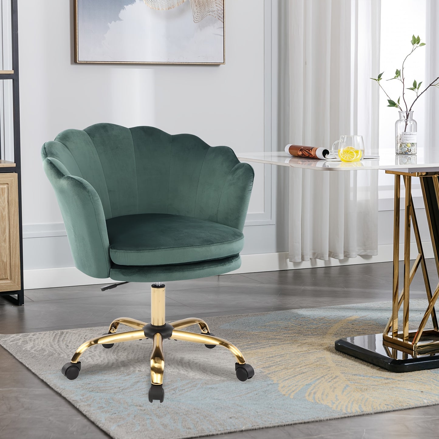 Elegant Velvet Office Chair with Adjustable Height & Swivel Function - Modern Metal Frame, Golden Accents, and Wheels for Bedroom or Study, Office Chair Cushion, Study Room Furniture, Contemporary Design, Sturdy Construction,